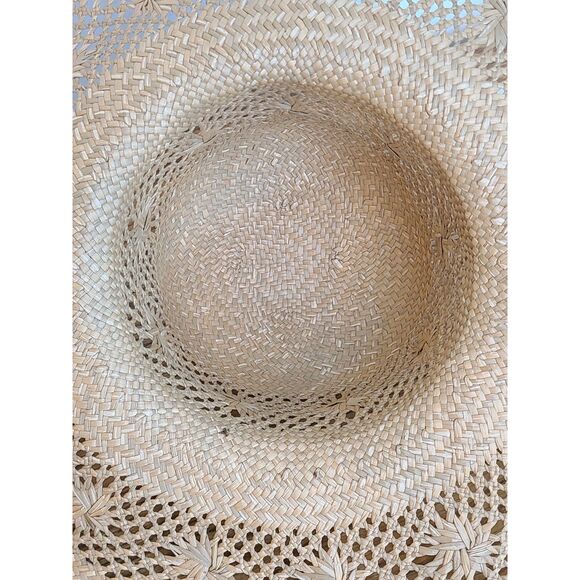Vintage Raffia Straw Sun Hat Open Cane Weave Round Crown Wide Brim Shell Band - Picture 8 of 10
